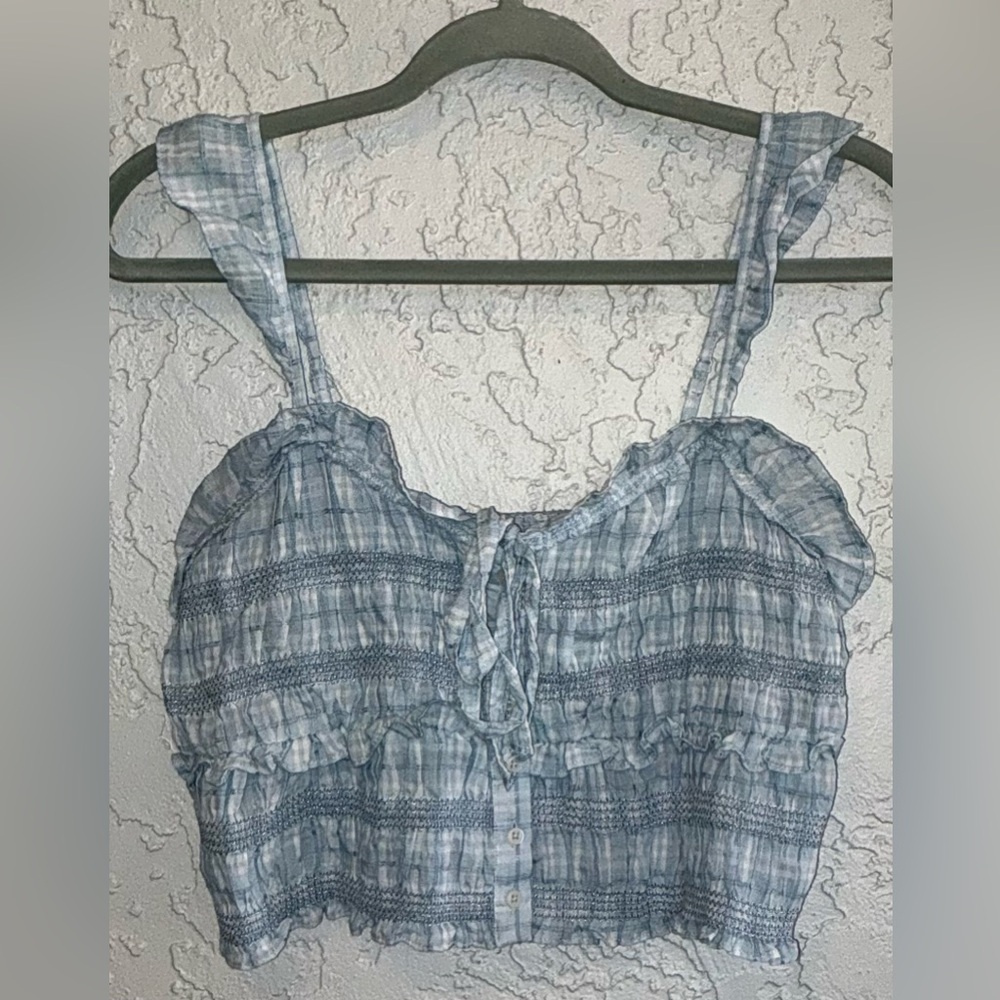 American Eagle Outfitters Blue Checkered Ruffle Cropped Blouse